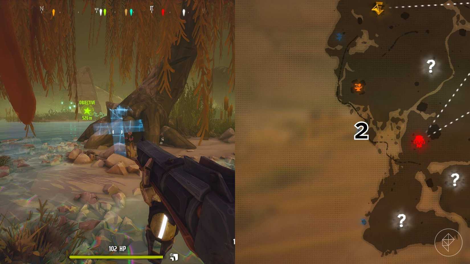The right-hand side of the image shows the location of the grave on the Far West map in Far Far West marked by its respective number while the left-hand side of the image shows the player standing in front of the grave in-game.