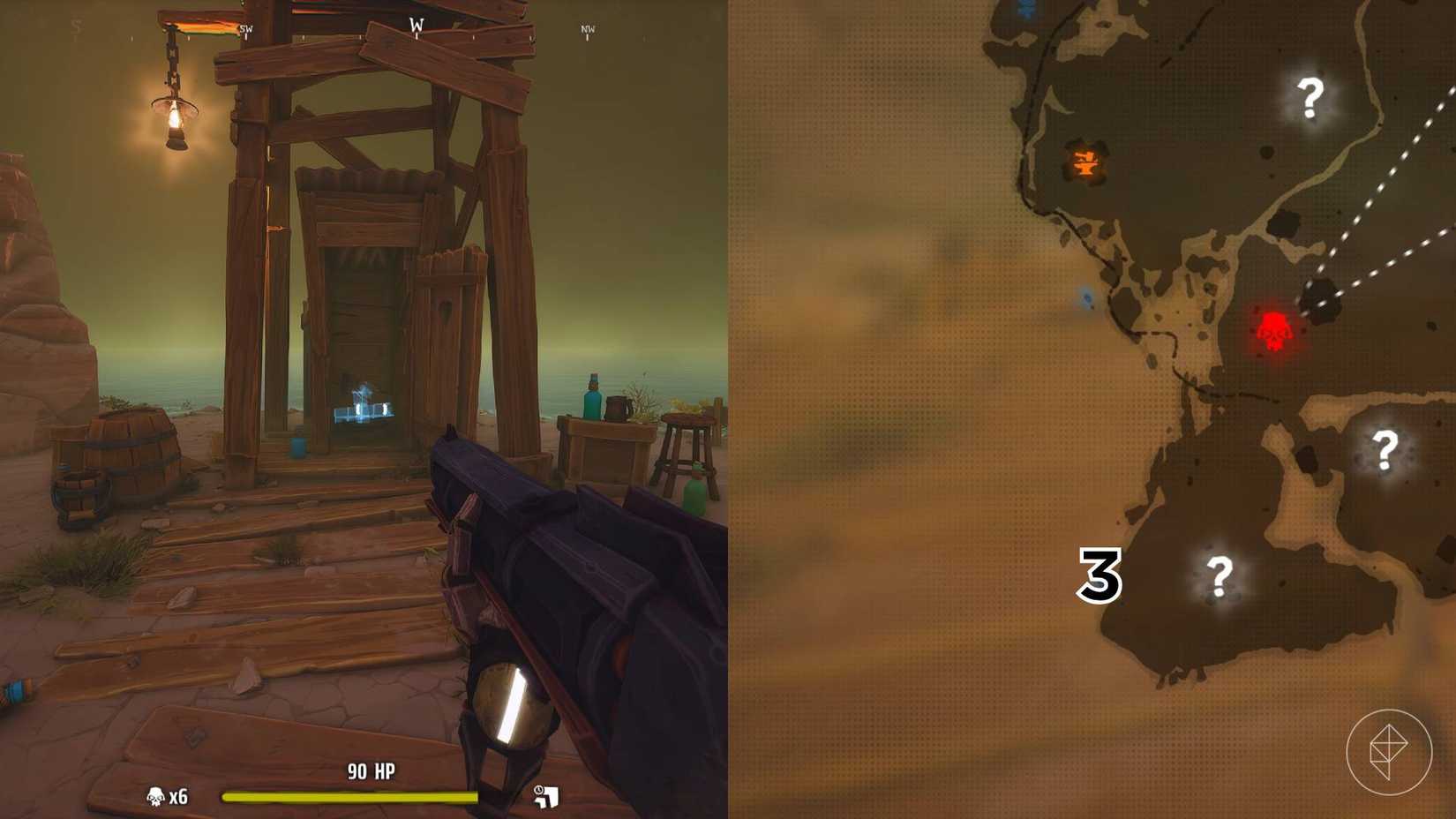 The right-hand side of the image shows the location of the grave on the Far West map in Far Far West marked by its respective number while the left-hand side of the image shows the player standing in front of the grave in-game.