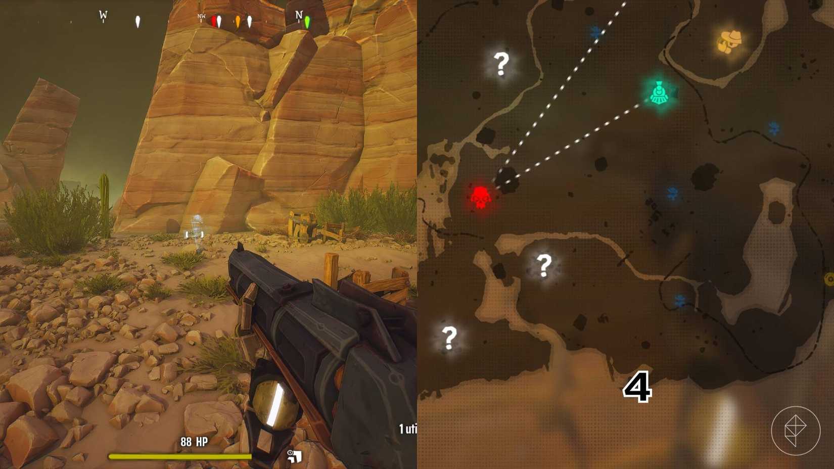 The right-hand side of the image shows the location of the grave on the Far West map in Far Far West marked by its respective number while the left-hand side of the image shows the player standing in front of the grave in-game.