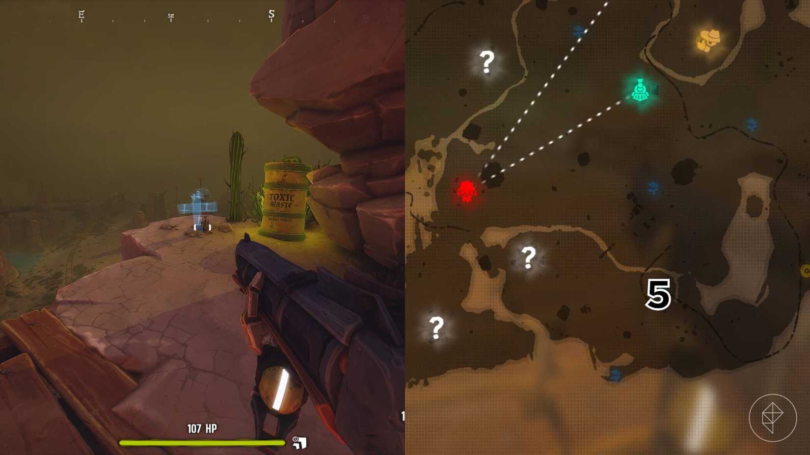 The right-hand side of the image shows the location of the grave on the Far West map in Far Far West marked by its respective number while the left-hand side of the image shows the player standing in front of the grave in-game.