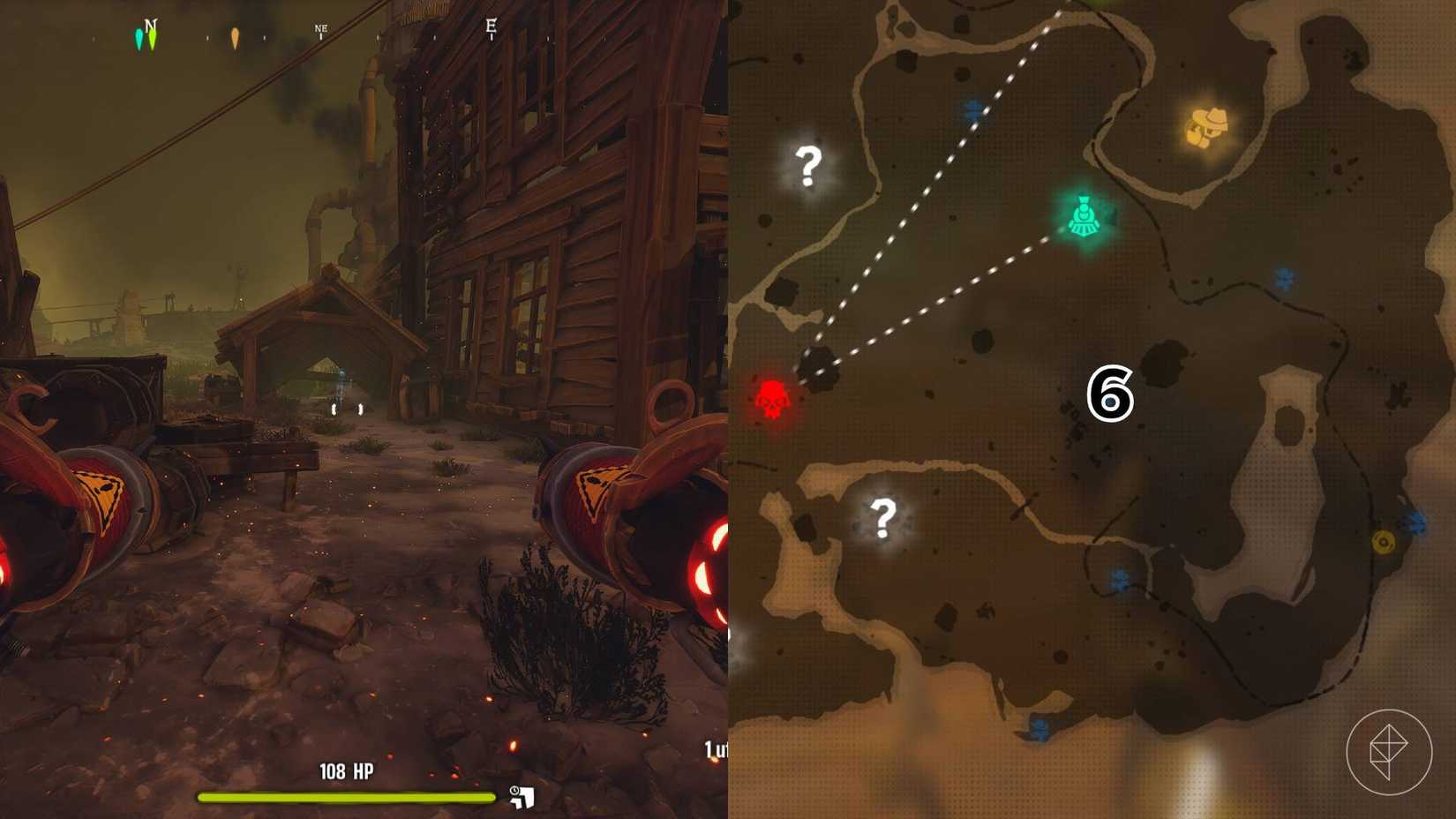 The right-hand side of the image shows the location of the grave on the Far West map in Far Far West marked by its respective number while the left-hand side of the image shows the player standing in front of the grave in-game.
