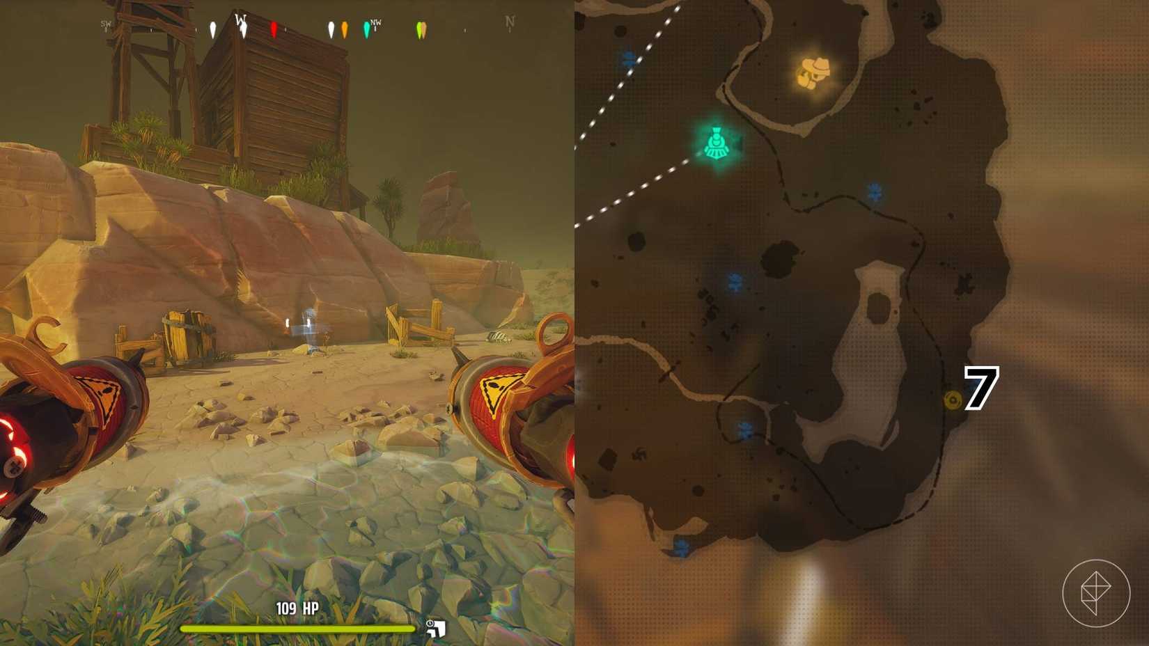 The right-hand side of the image shows the location of the grave on the Far West map in Far Far West marked by its respective number while the left-hand side of the image shows the player standing in front of the grave in-game.