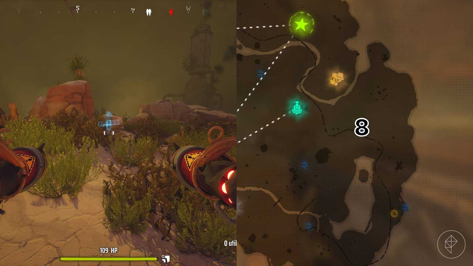 The right-hand side of the image shows the location of the grave on the Far West map in Far Far West marked by its respective number while the left-hand side of the image shows the player standing in front of the grave in-game.