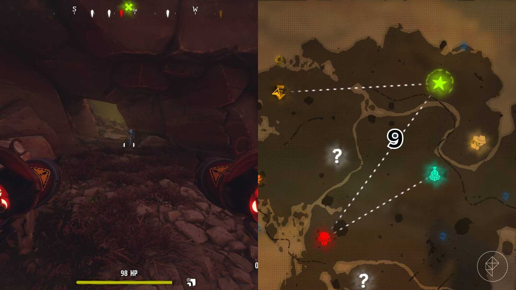 The right-hand side of the image shows the location of the grave on the Far West map in Far Far West marked by its respective number while the left-hand side of the image shows the player standing in front of the grave in-game.