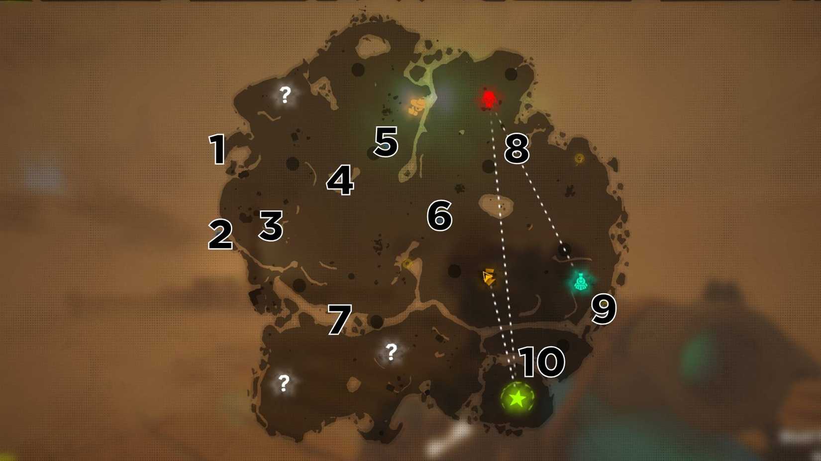 The desert map in Far Far West with ten numbers overlaid showing the locations of all of the graves.