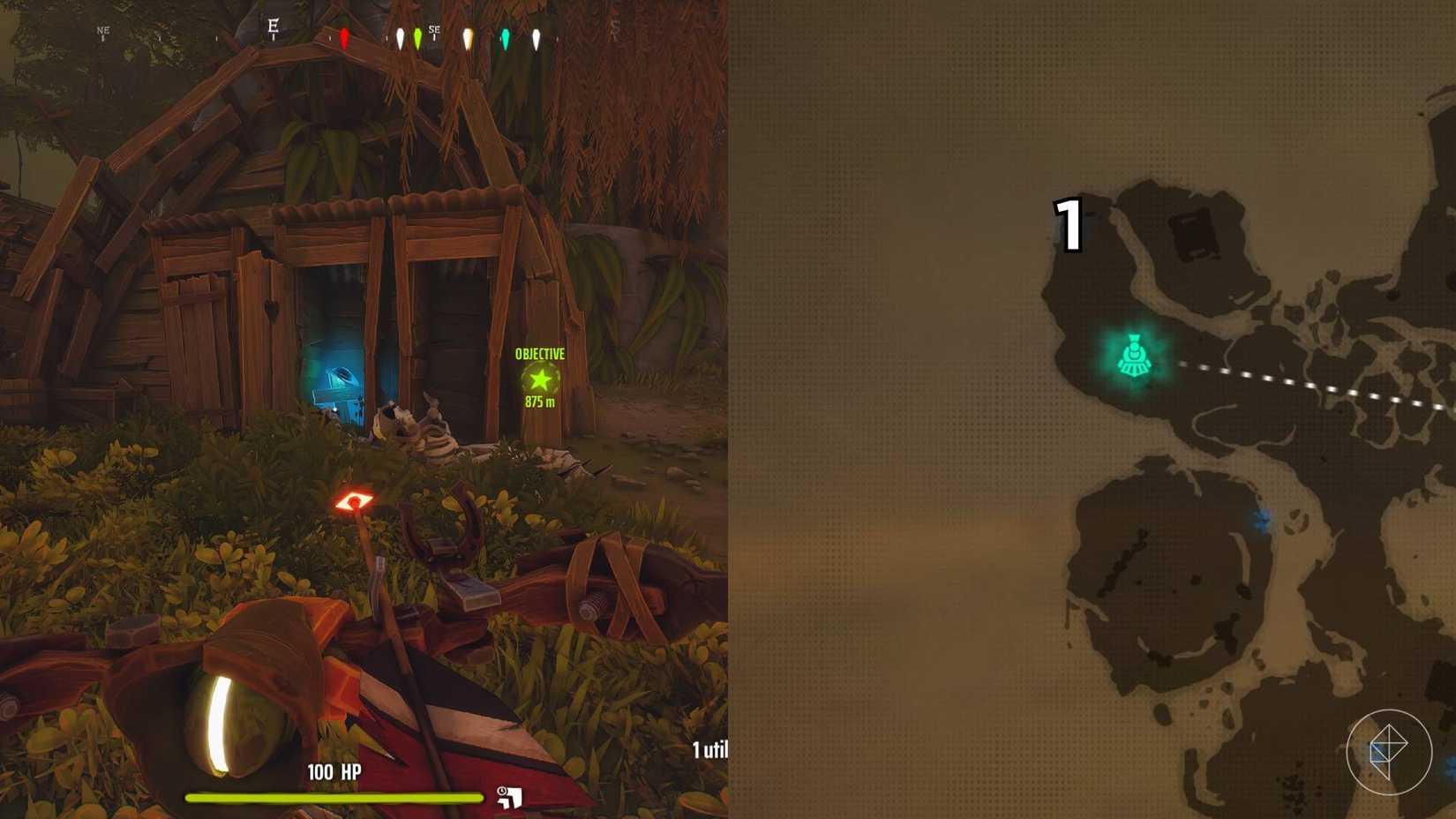El lado derecho de la imagen muestra el mapa de la jungla en Far Far West con la tumba numerada específica marcada, mientras que el lado izquierdo de la imagen muestra al jugador parado frente a la tumba en el juego.