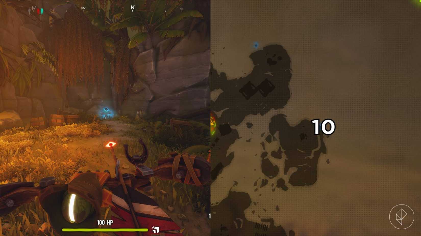 El lado derecho de la imagen muestra el mapa de la jungla en Far Far West con la tumba numerada específica marcada, mientras que el lado izquierdo de la imagen muestra al jugador parado frente a la tumba en el juego.