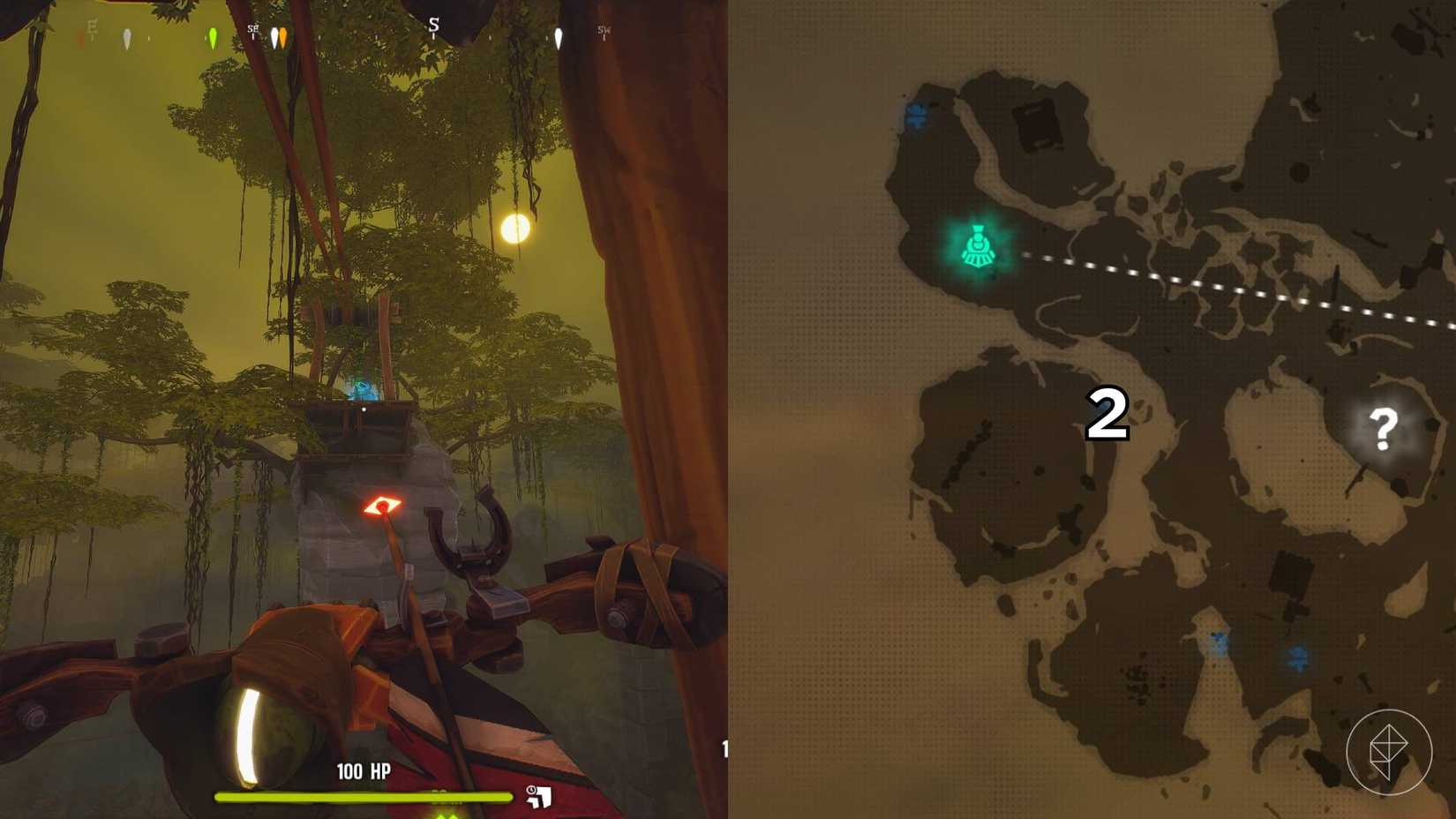 El lado derecho de la imagen muestra el mapa de la jungla en Far Far West con la tumba numerada específica marcada, mientras que el lado izquierdo de la imagen muestra al jugador parado frente a la tumba en el juego.