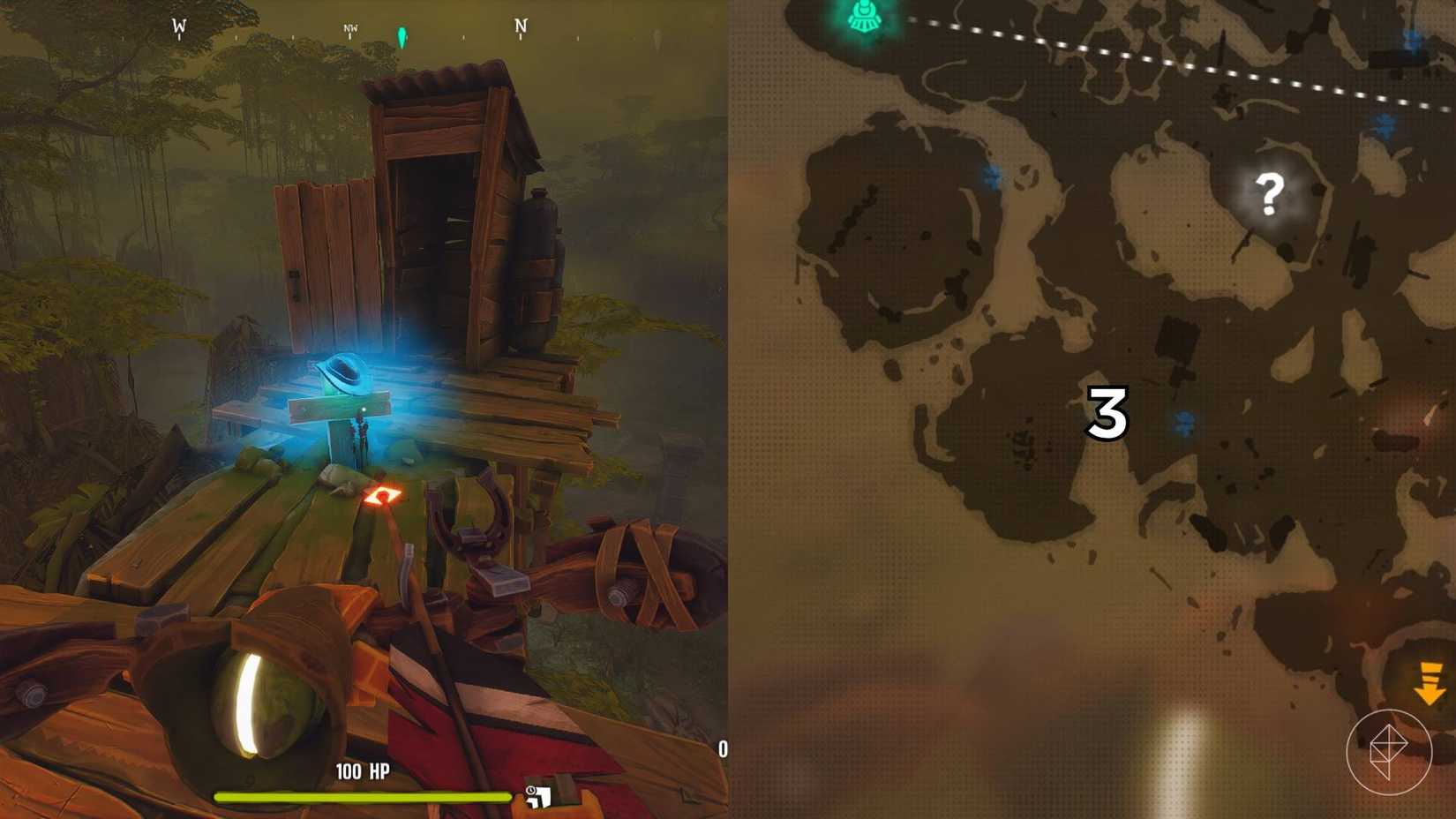 El lado derecho de la imagen muestra el mapa de la jungla en Far Far West con la tumba numerada específica marcada, mientras que el lado izquierdo de la imagen muestra al jugador parado frente a la tumba en el juego.