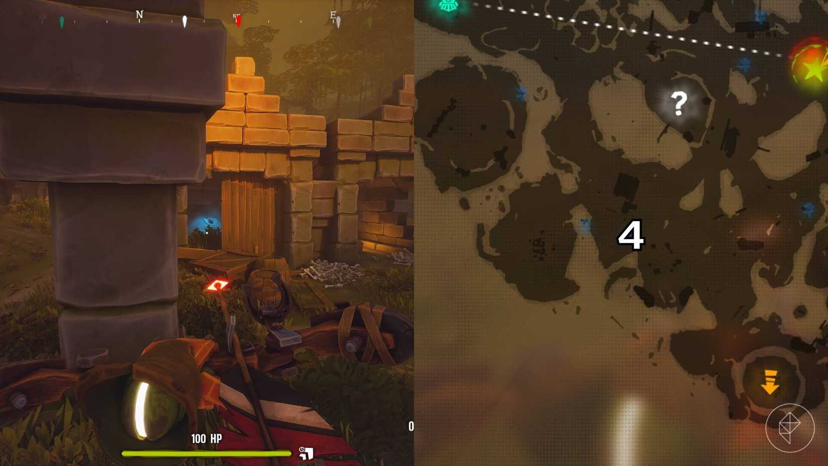 El lado derecho de la imagen muestra el mapa de la jungla en Far Far West con la tumba numerada específica marcada, mientras que el lado izquierdo de la imagen muestra al jugador parado frente a la tumba en el juego.