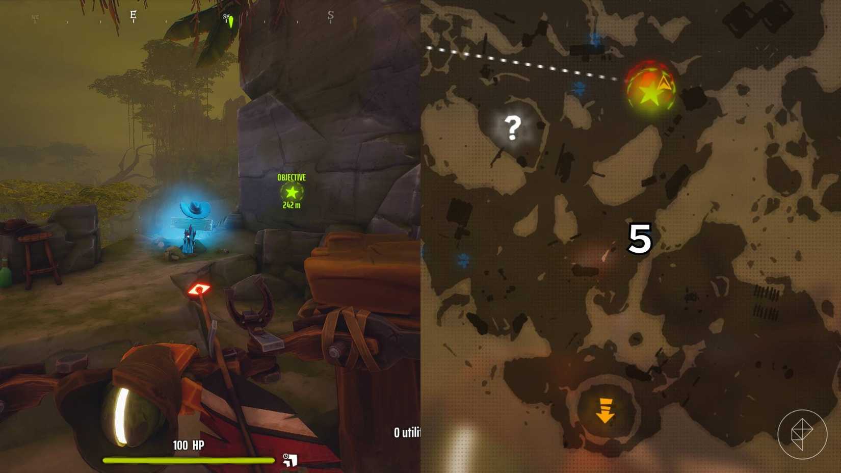 El lado derecho de la imagen muestra el mapa de la jungla en Far Far West con la tumba numerada específica marcada, mientras que el lado izquierdo de la imagen muestra al jugador parado frente a la tumba en el juego.
