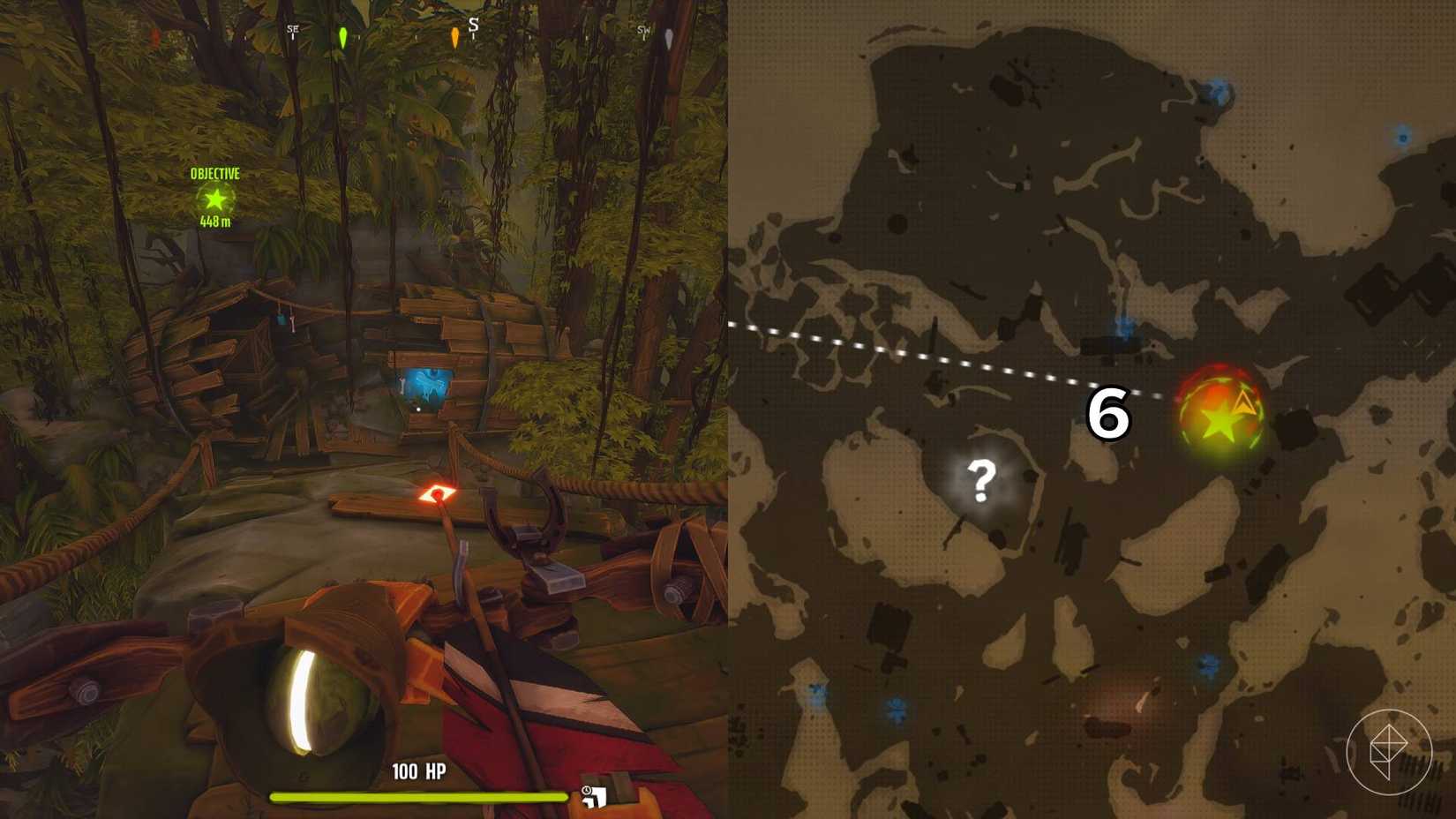 El lado derecho de la imagen muestra el mapa de la jungla en Far Far West con la tumba numerada específica marcada, mientras que el lado izquierdo de la imagen muestra al jugador parado frente a la tumba en el juego.