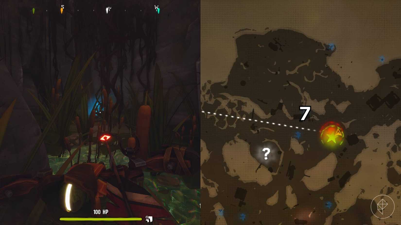 El lado derecho de la imagen muestra el mapa de la jungla en Far Far West con la tumba numerada específica marcada, mientras que el lado izquierdo de la imagen muestra al jugador parado frente a la tumba en el juego.
