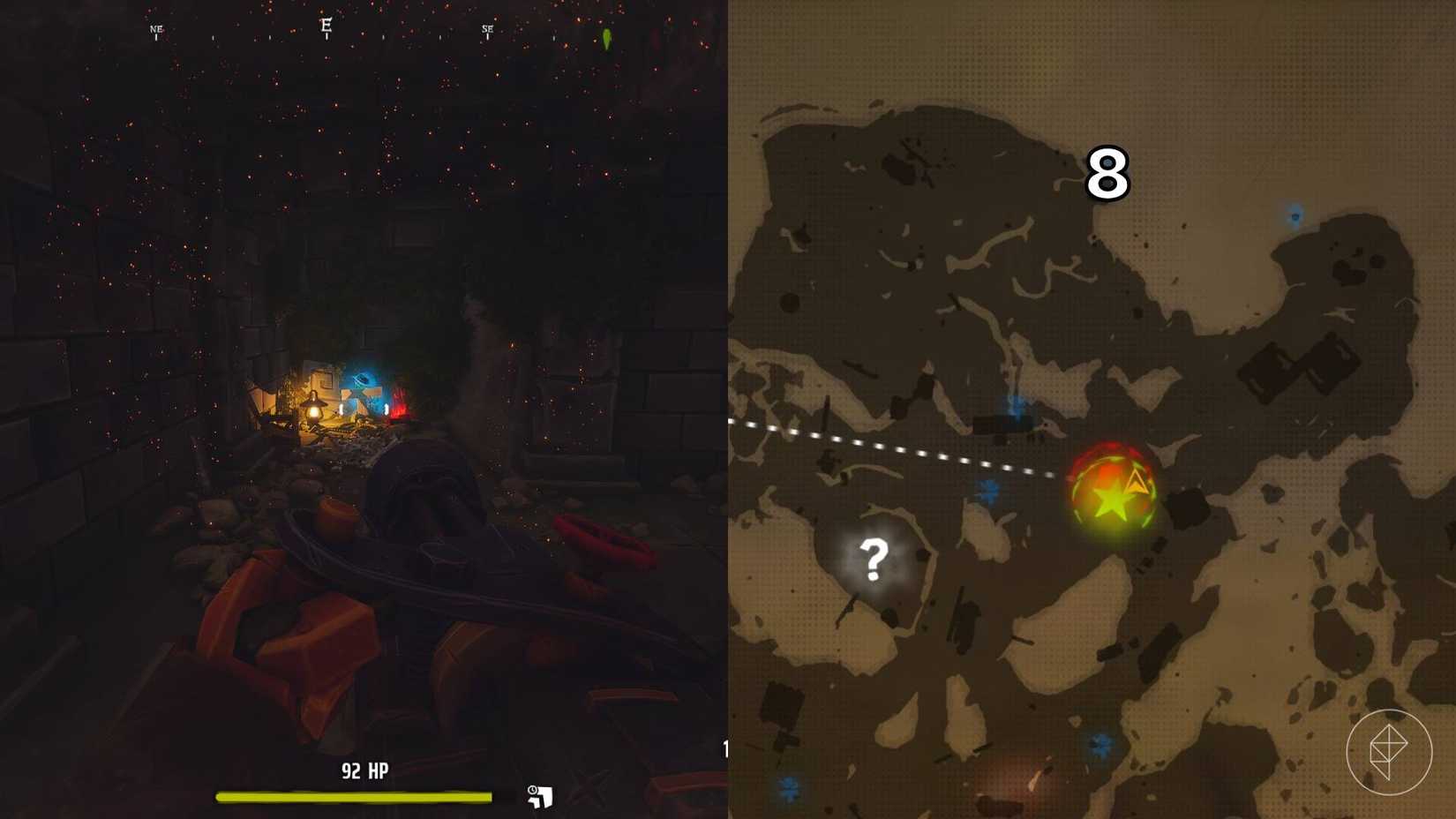 El lado derecho de la imagen muestra el mapa de la jungla en Far Far West con la tumba numerada específica marcada, mientras que el lado izquierdo de la imagen muestra al jugador parado frente a la tumba en el juego.