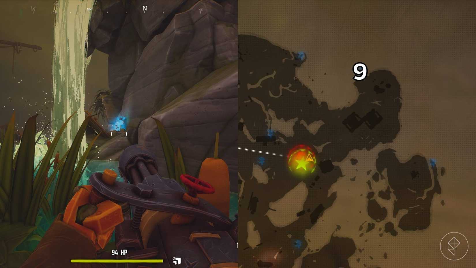 El lado derecho de la imagen muestra el mapa de la jungla en Far Far West con la tumba numerada específica marcada, mientras que el lado izquierdo de la imagen muestra al jugador parado frente a la tumba en el juego.