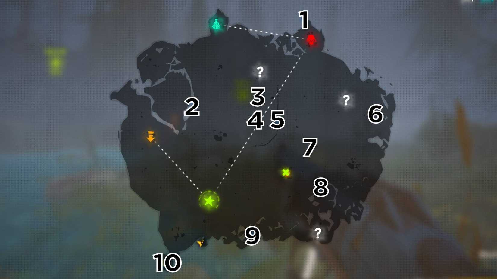 The Woodlands map in Far Far West marked with numbers for all 10 grave locations in the recommended order.