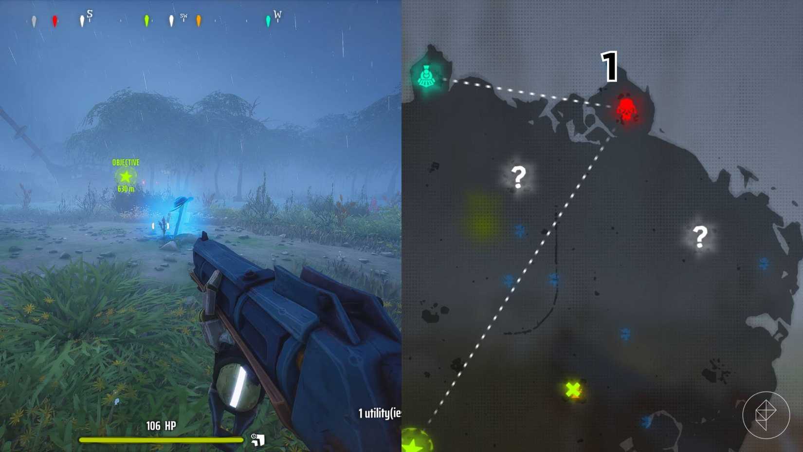 The right-hand side of the image shows the location of the specific grave marked on the Woodlands map in Far Far West with a number while the left-hand side shows the player in-game standing next to that grave.