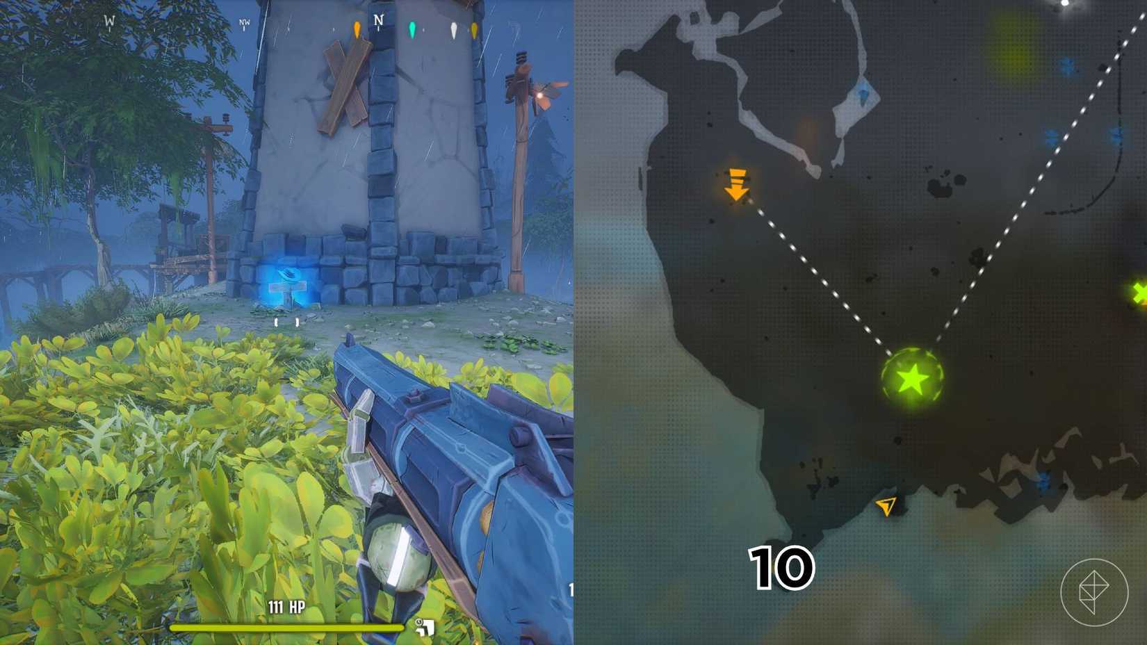 The right-hand side of the image shows the location of the specific grave marked on the Woodlands map in Far Far West with a number while the left-hand side shows the player in-game standing next to that grave.