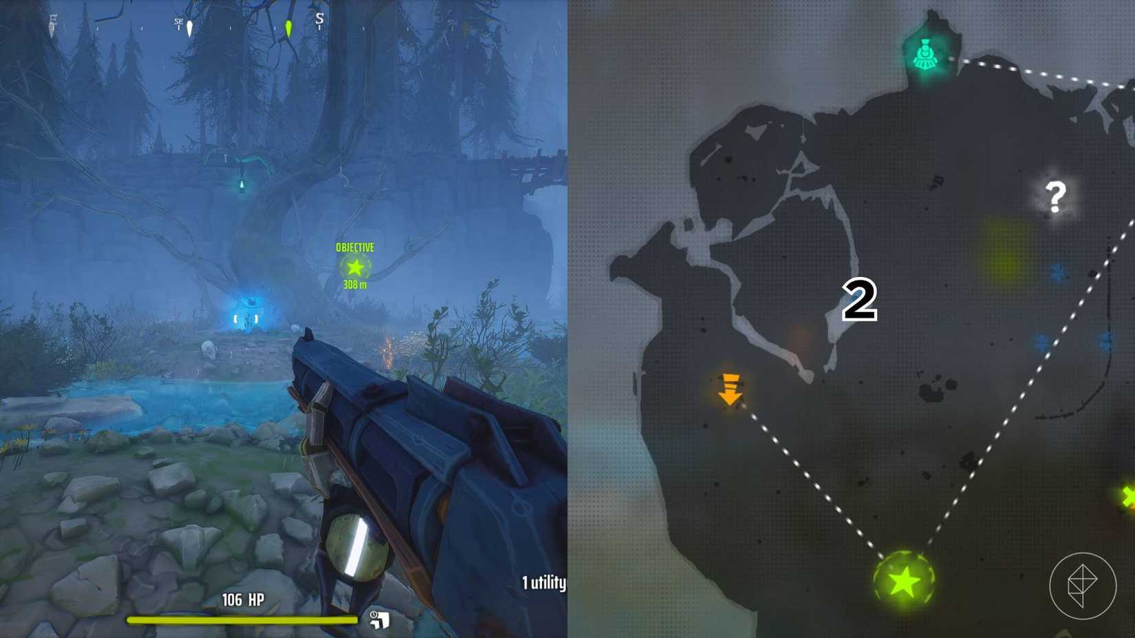 The right-hand side of the image shows the location of the specific grave marked on the Woodlands map in Far Far West with a number while the left-hand side shows the player in-game standing next to that grave.