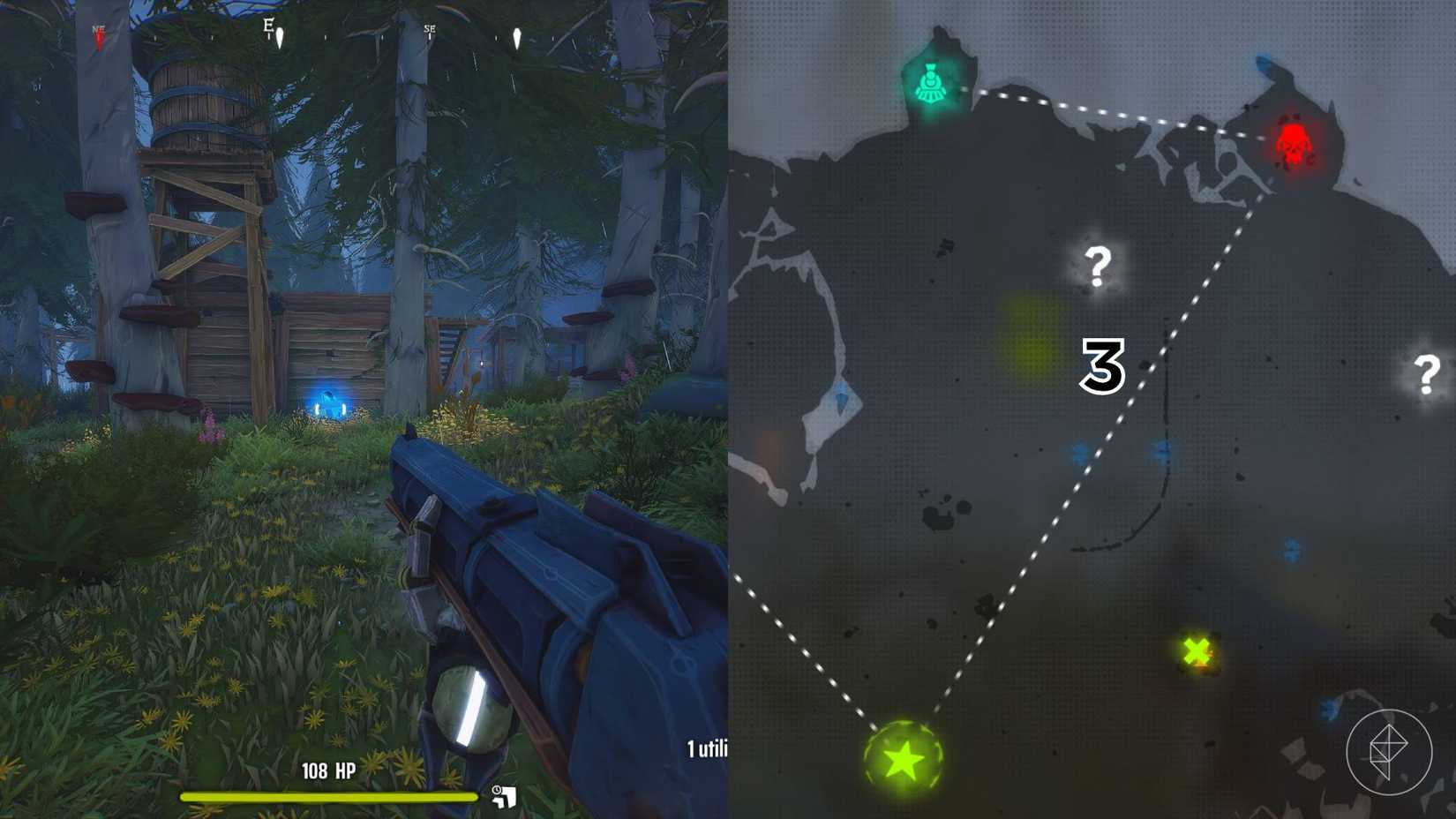 The right-hand side of the image shows the location of the specific grave marked on the Woodlands map in Far Far West with a number while the left-hand side shows the player in-game standing next to that grave.