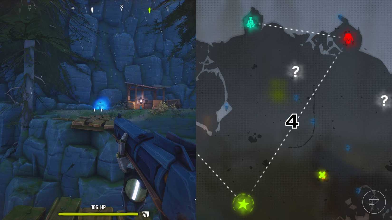 The right-hand side of the image shows the location of the specific grave marked on the Woodlands map in Far Far West with a number while the left-hand side shows the player in-game standing next to that grave.