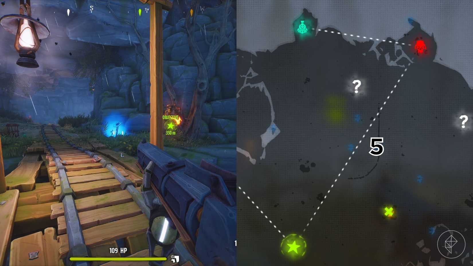 The right-hand side of the image shows the location of the specific grave marked on the Woodlands map in Far Far West with a number while the left-hand side shows the player in-game standing next to that grave.
