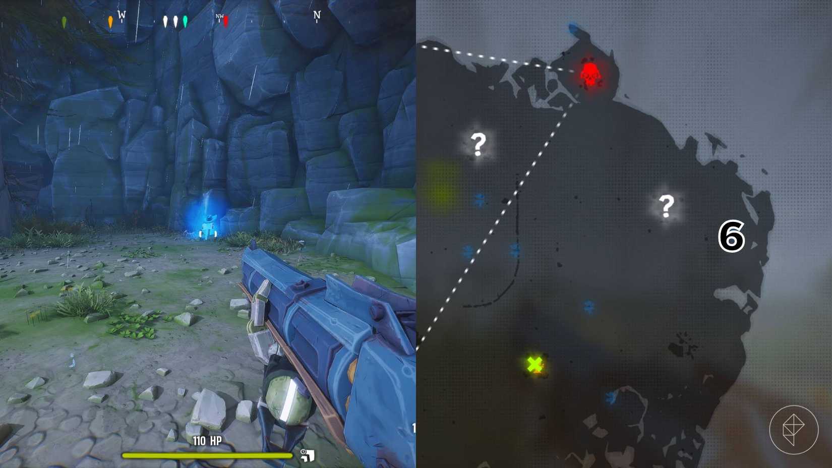 The right-hand side of the image shows the location of the specific grave marked on the Woodlands map in Far Far West with a number while the left-hand side shows the player in-game standing next to that grave.