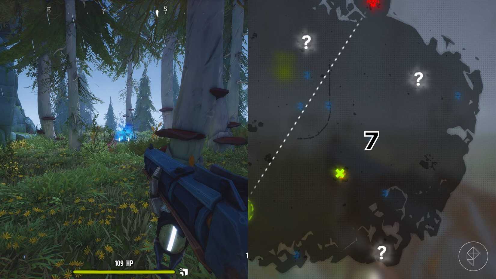 The right-hand side of the image shows the location of the specific grave marked on the Woodlands map in Far Far West with a number while the left-hand side shows the player in-game standing next to that grave.