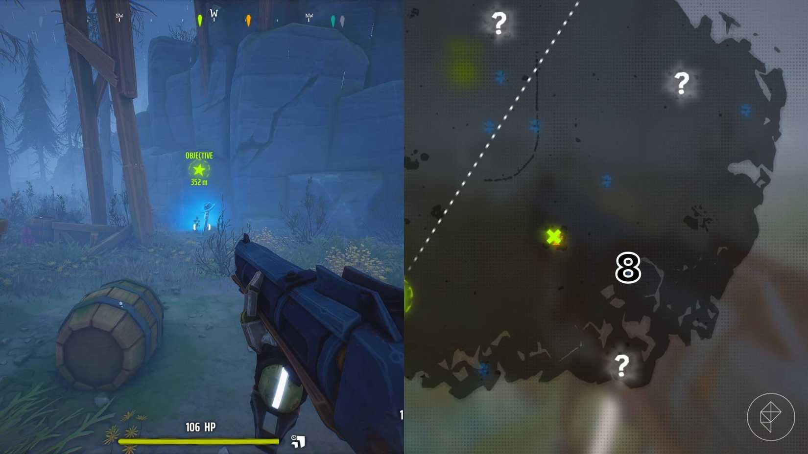 The right-hand side of the image shows the location of the specific grave marked on the Woodlands map in Far Far West with a number while the left-hand side shows the player in-game standing next to that grave.