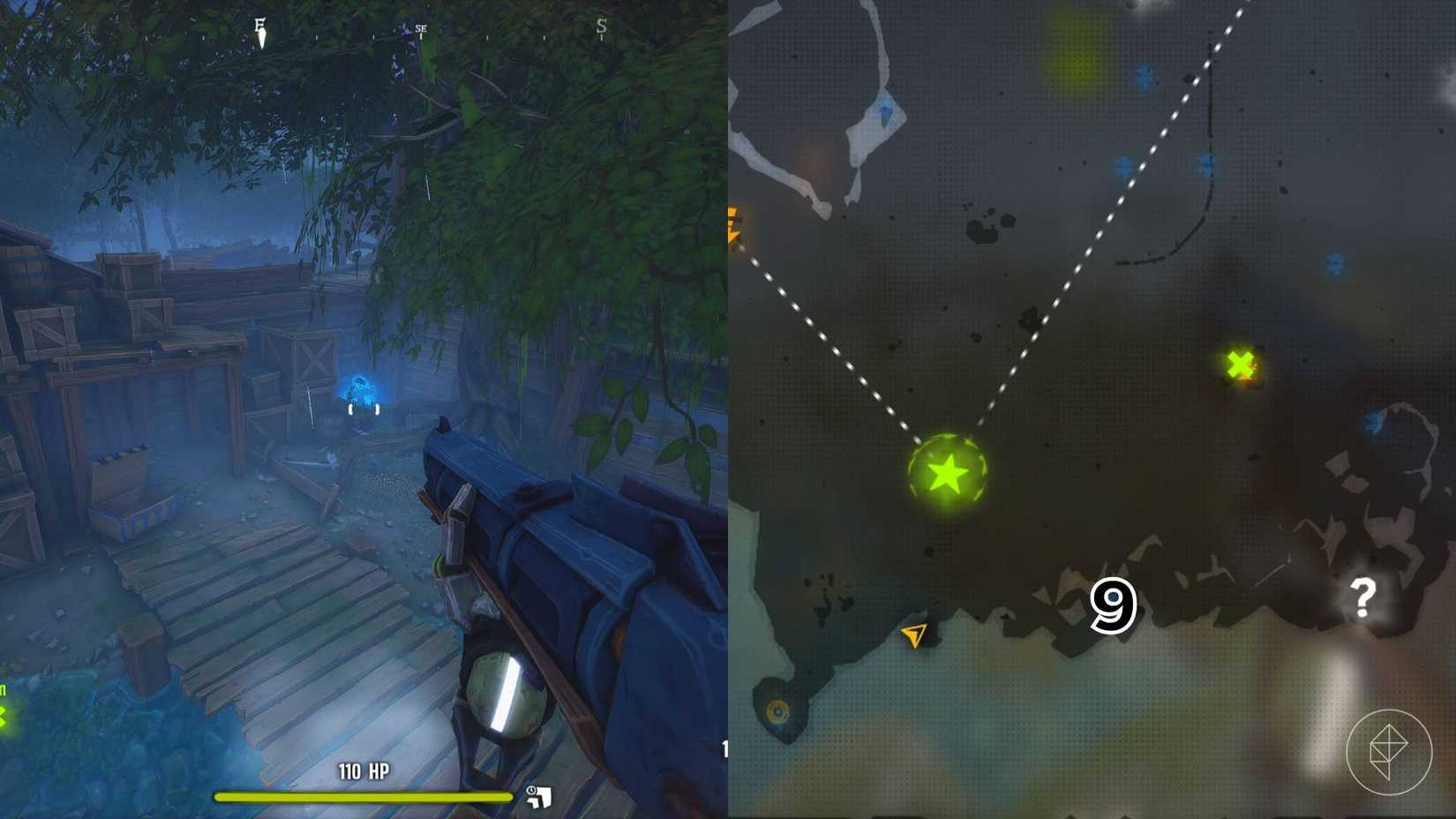 The right-hand side of the image shows the location of the specific grave marked on the Woodlands map in Far Far West with a number while the left-hand side shows the player in-game standing next to that grave.