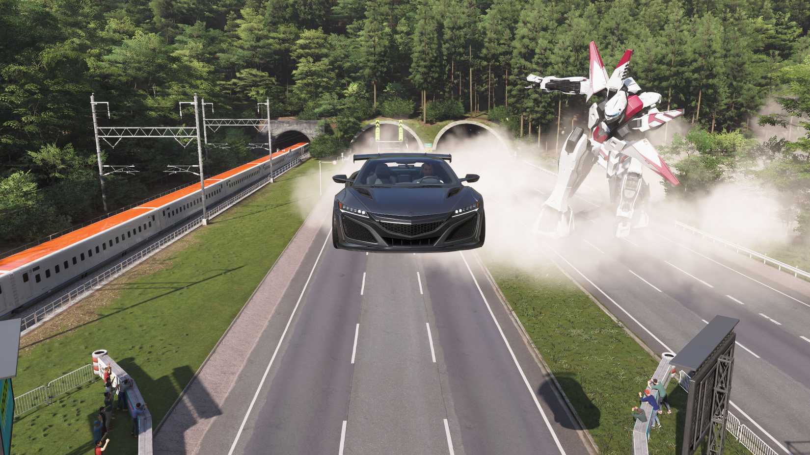 A Forza Horizon 6 screenshot showing ta scene during the "Mech My Day" race