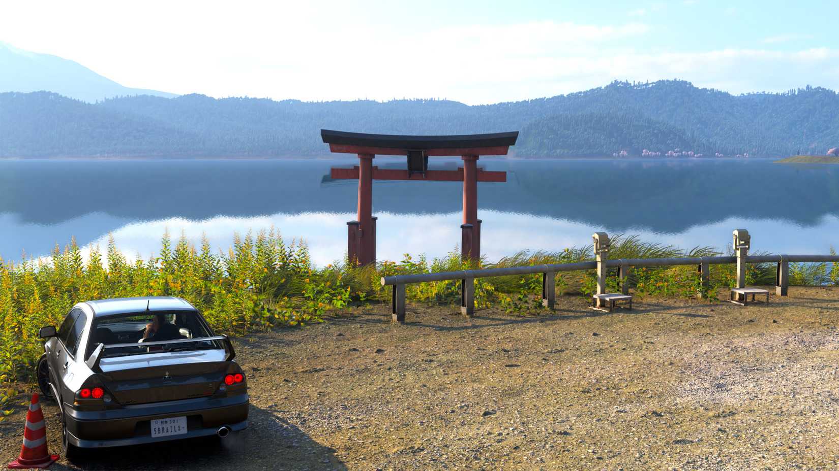 A Forza Horizon 6 screenshot featuring a Lancer parked before a traditional torii gate in the water