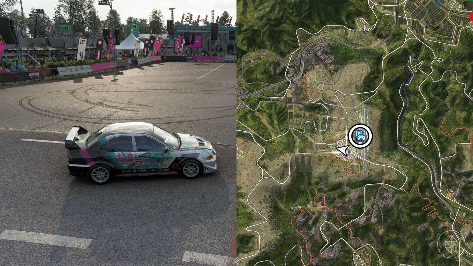 Un montaje con dos imágenes de Forza Horizon 6 que muestran la ubicación del aparcamiento de Ohtani. 