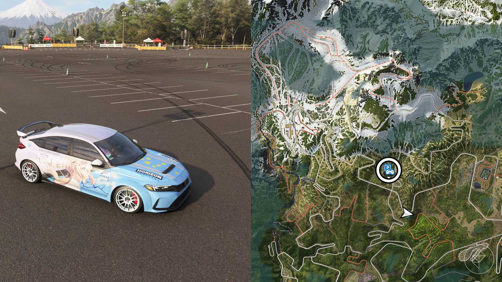 Un montaje con dos imágenes de Forza Horizon 6 que muestran la ubicación del aparcamiento de Takashiro
