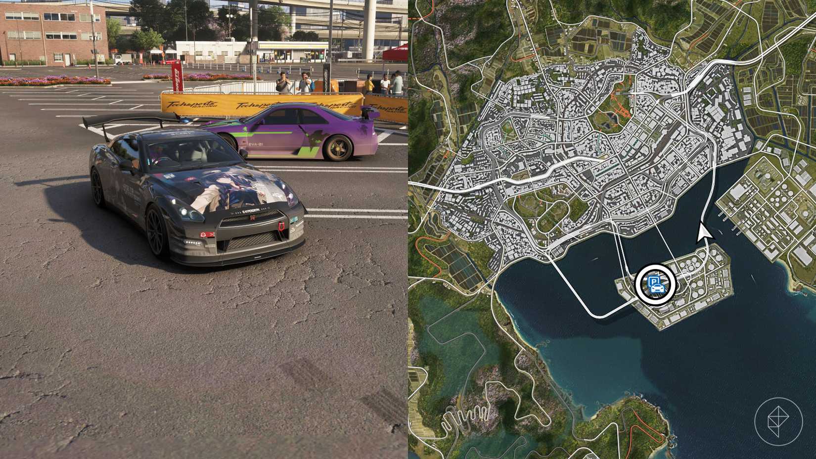 Un montaje con dos imágenes de Forza Horizon 6 que muestran la ubicación del aparcamiento de la ciudad de Tokio.