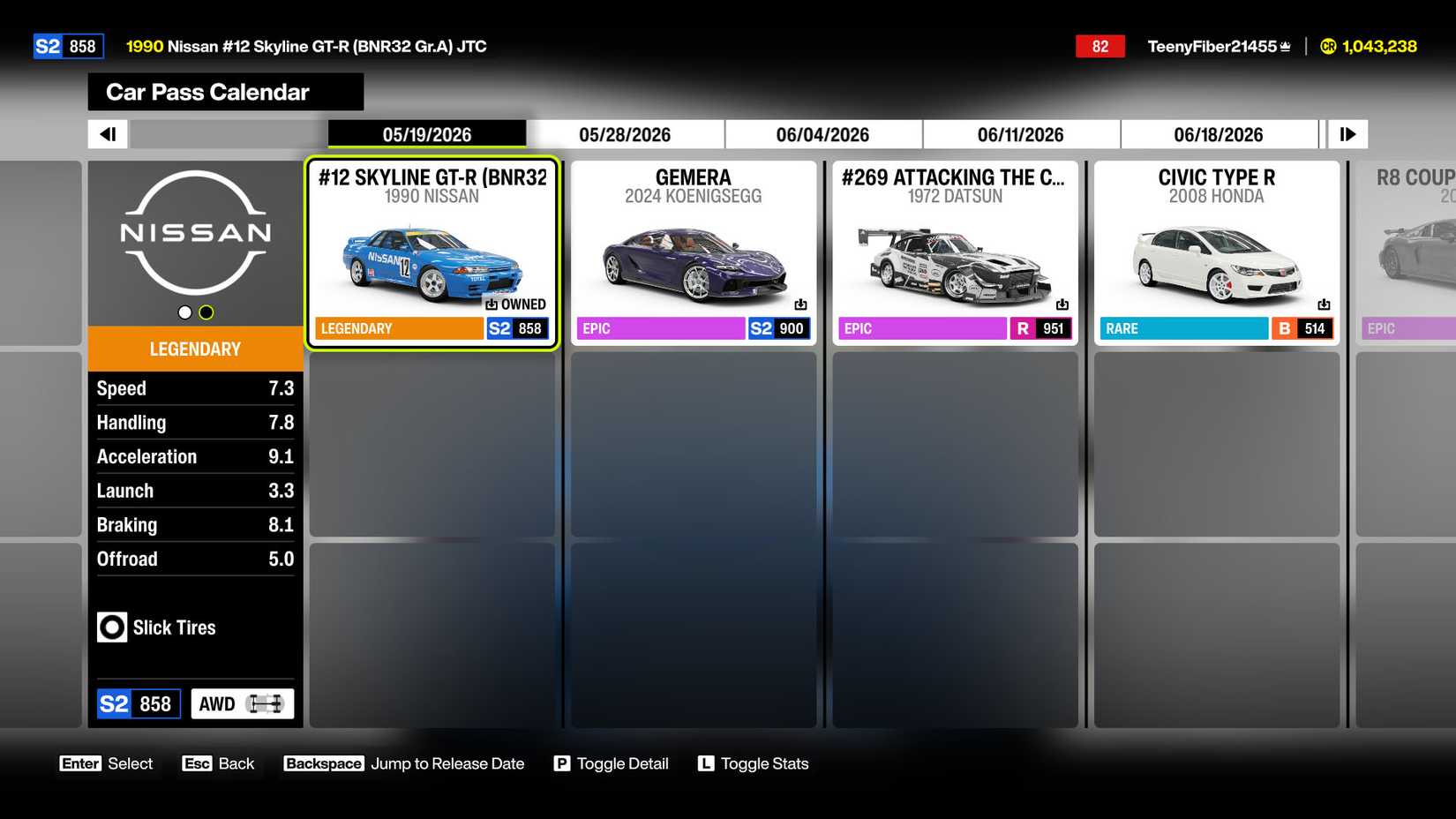 A Forza Horizon 6 screenshot showing the car pass calendar