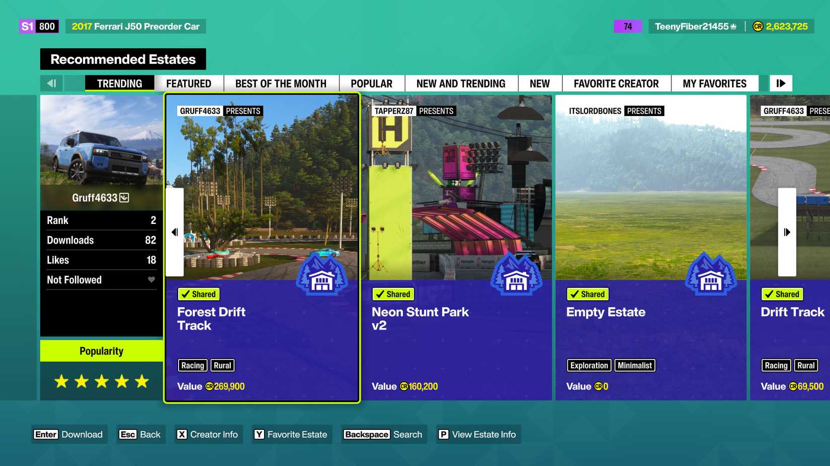 A Forza Horizon 6 screenshot showing the estate projects