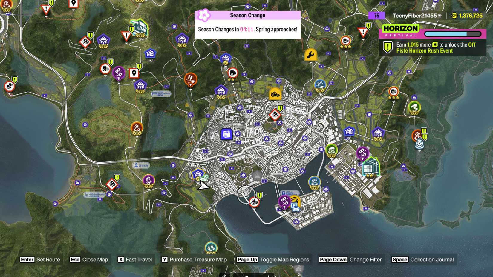 A Forza Horizon 6 screenshot showing the world map and the "Season Change" timer
