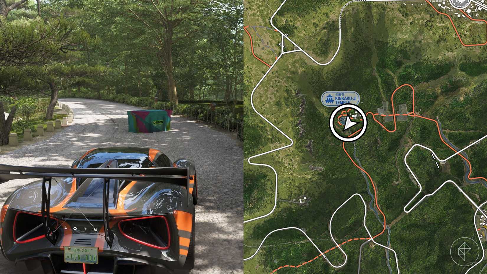 Uma montagem com duas fotos do Forza Horizon 6 mostrando o local da caça ao tesouro de verão Welcome to Japan