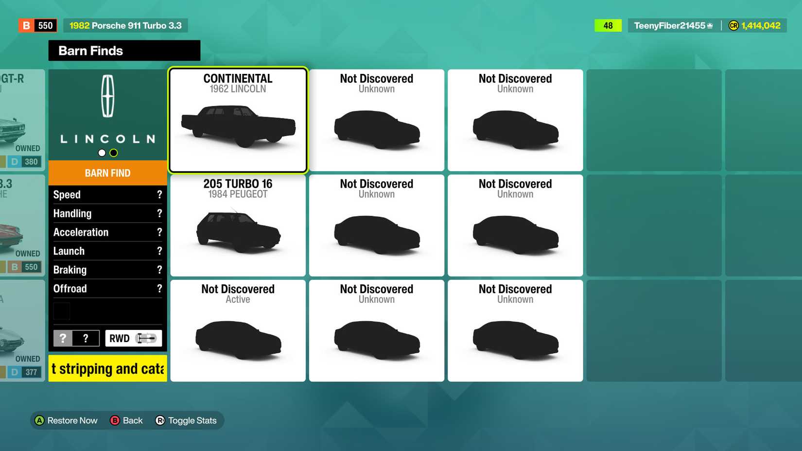 A Forza Horizon 6 screenshot showing the Barn Finds menu