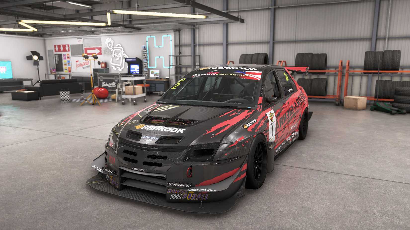 A Forza Horizon 6 screenshot showing the 2005 Mitsubishi #1 Sierra Sierra Enterprises Lancer Evolution Time Attack 