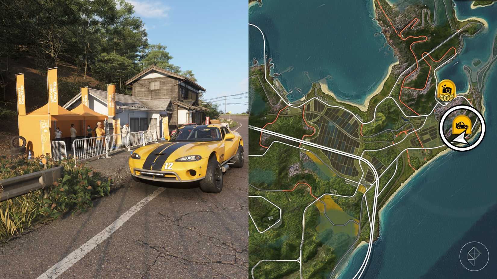 Un montaje con dos imágenes de Forza Horizon 6 que muestran la ubicación de la excursión de un día a Ito.