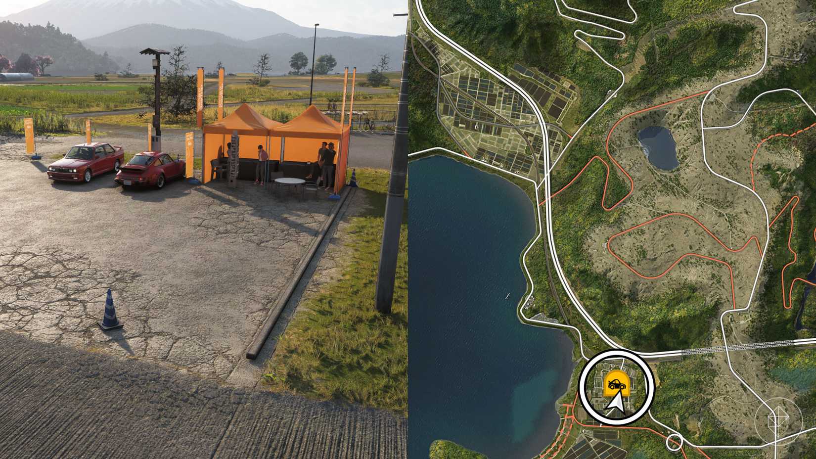 Un montaje con dos imágenes de Forza Horizon 6 que muestran la ubicación de la excursión de un día a Nangan.
