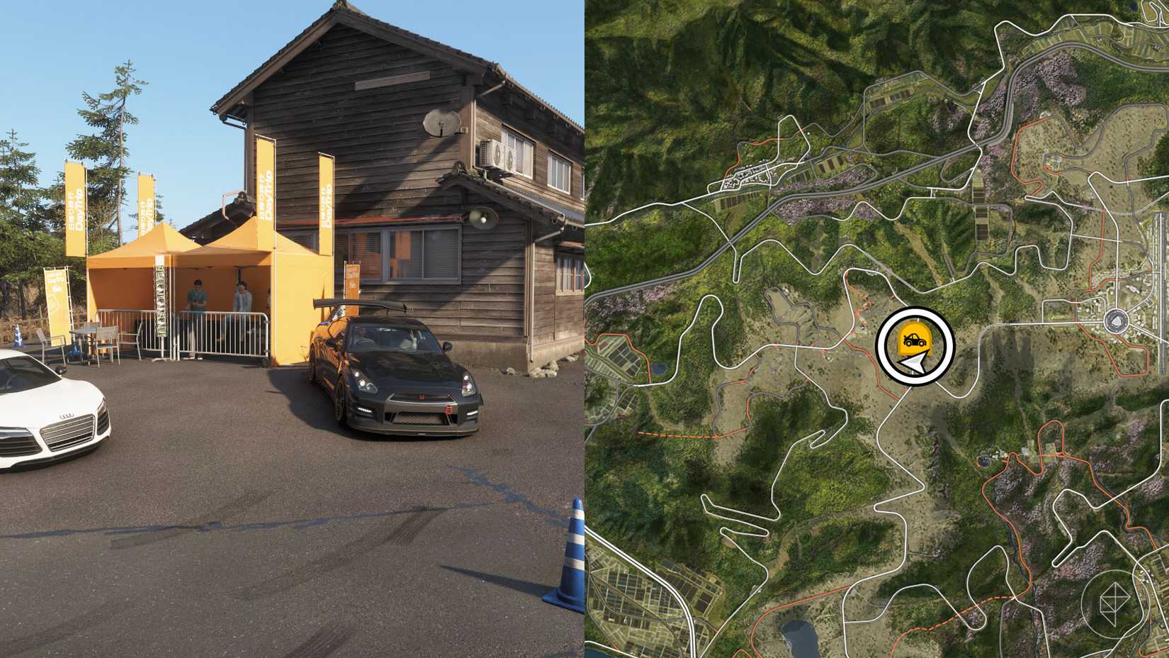Un montaje con dos imágenes de Forza Horizon 6 que muestran la ubicación de la excursión de un día a Shimanoyama.