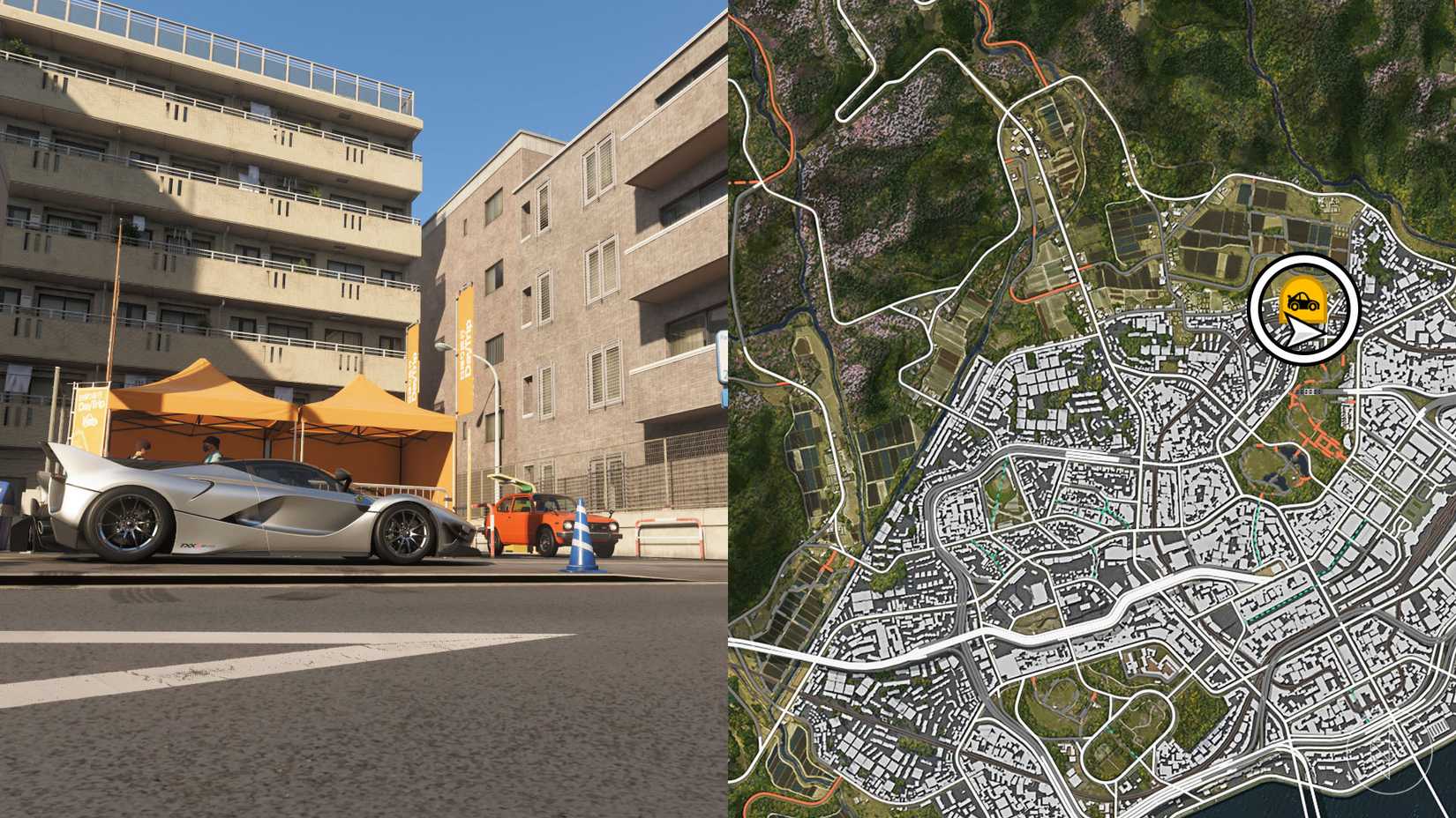 Un montaje con dos imágenes de Forza Horizon 6 que muestran la ubicación de la excursión de un día a la ciudad de Tokio.