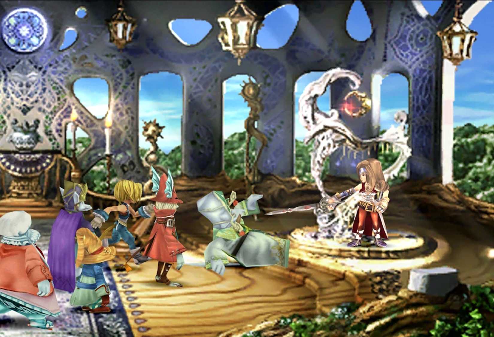 Beatrix pointing her sword at the player's party in FFIX