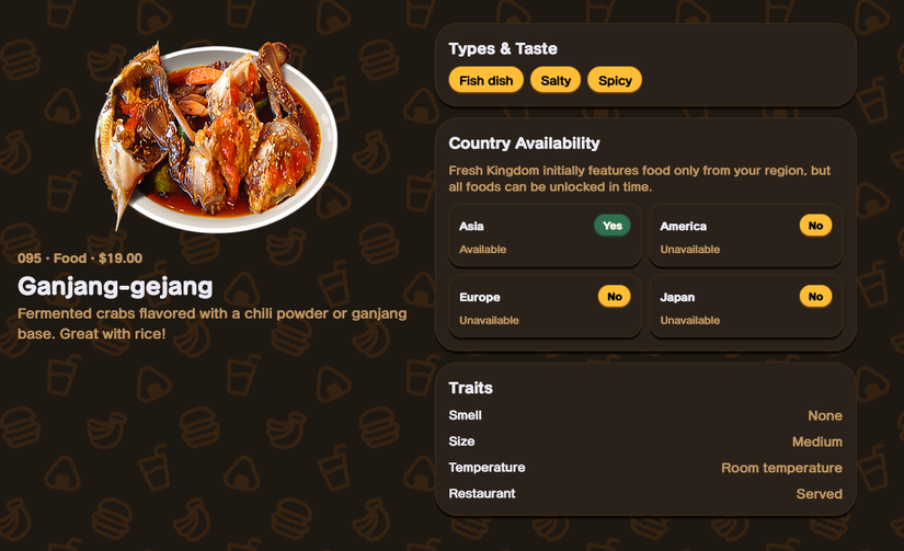 A website describing ganjang-gejang as seen in Tomodachi Life: Living the Dream.