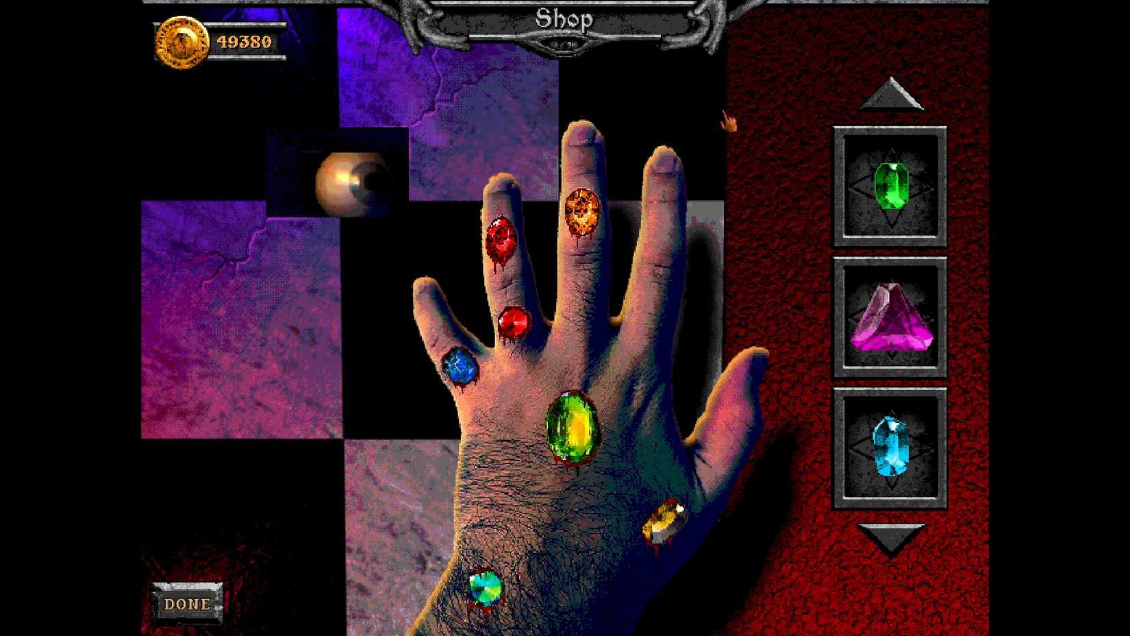 A hand with bloody gems embedded in it, observed by an eyeball
