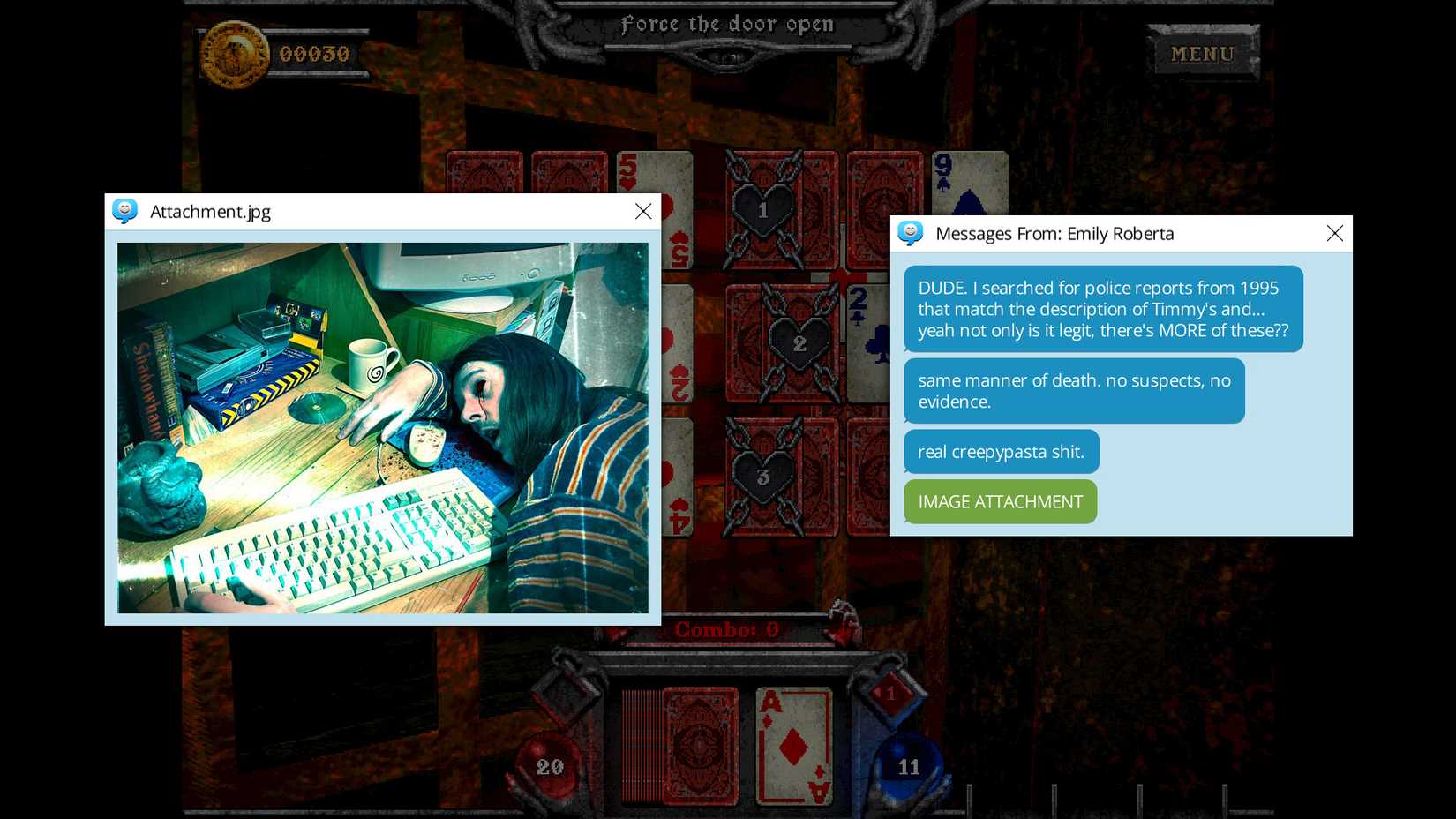 IM messages overlaid on a game of solitaire, and a jpg showing a murdered woman