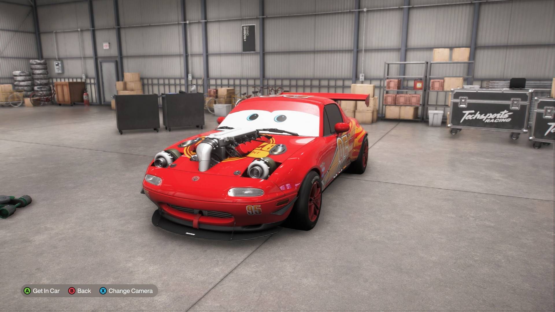 The Mazda MX-5 Miata Forza Edition with a Lightning McQueen livery in the Forza Horizon 6 garage.